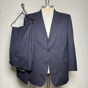 OXXFORD Clothes Super 100s Mens Navy‎ Pinstripe Wool Suit 46L 38W